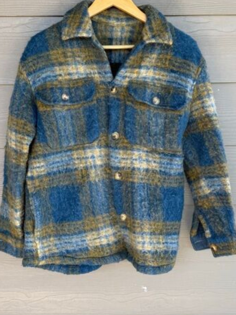 Zara PLAID FLANNEL Blue and Olive Plaid Button-Up Shacket